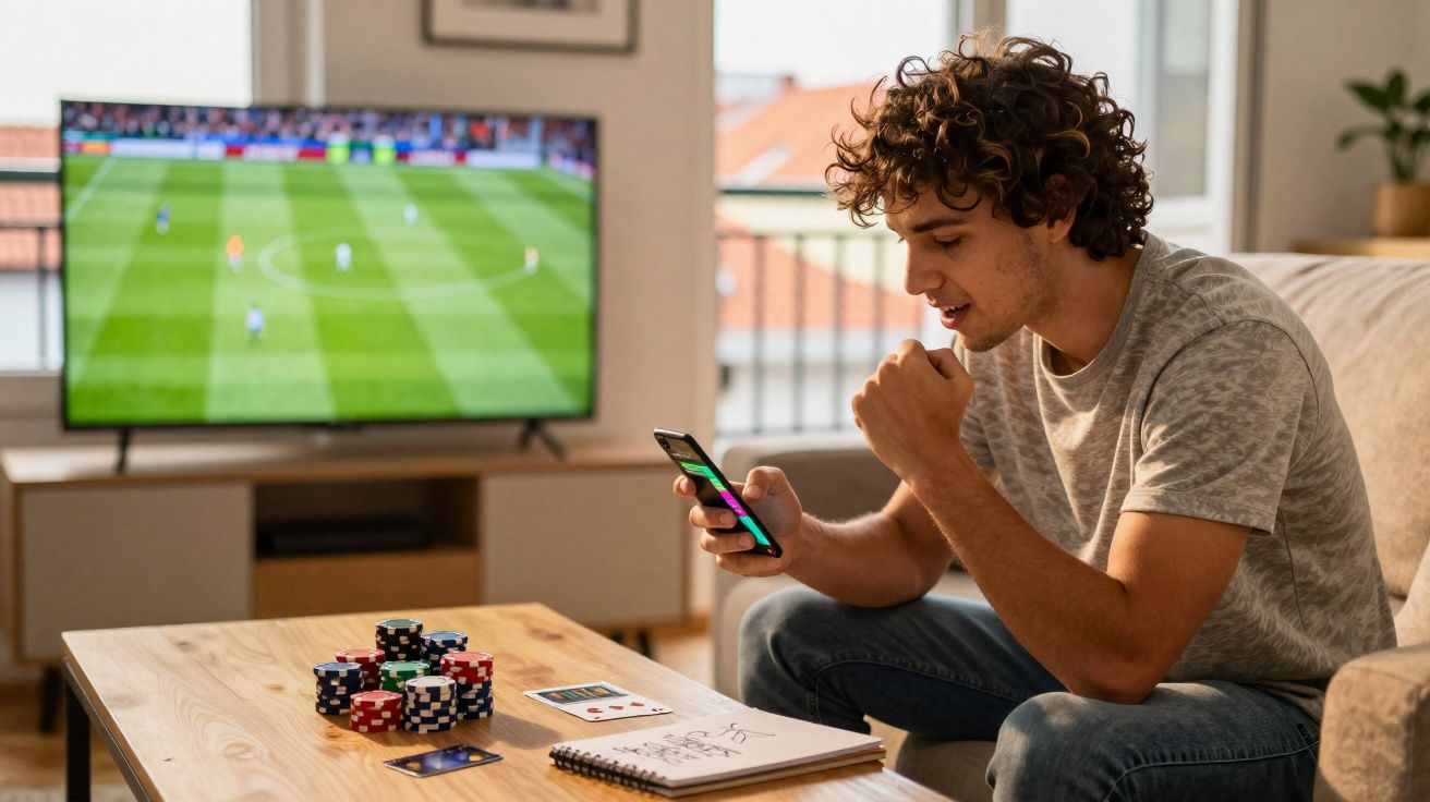 Jovem entusiasmado a jogar poker online no telemóvel sentado numa sala com televisão a transmitir um jogo de futebol.