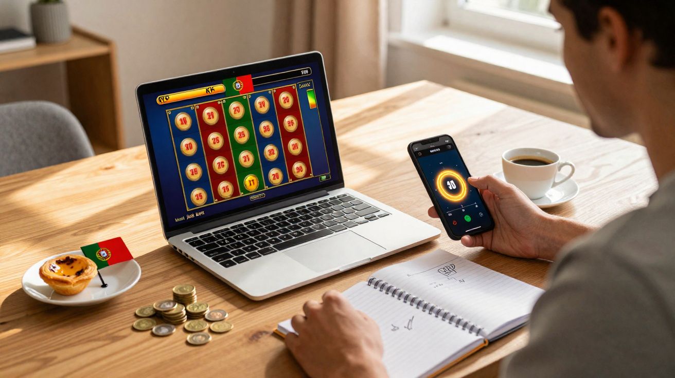Pessoa a jogar jogo de azar online num portátil, com telemóvel na mão, moedas na mesa e um pastel de nata com bandeira de Por