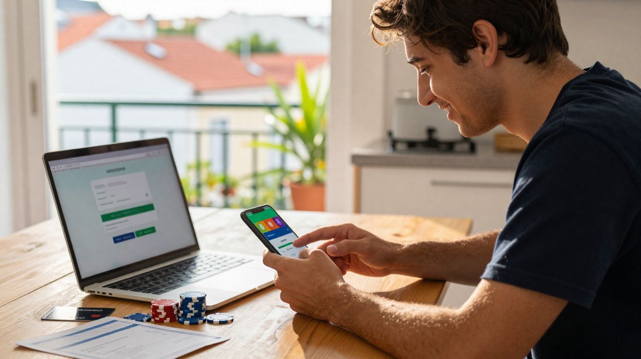Homem sentado a usar telemóvel com computador portátil e fichas de poker numa mesa de madeira perto de janela.