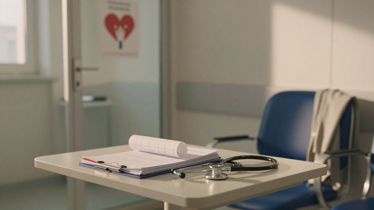 Estetoscópio e prontuário médico sobre mesa numa sala de consultas com cadeira azul.