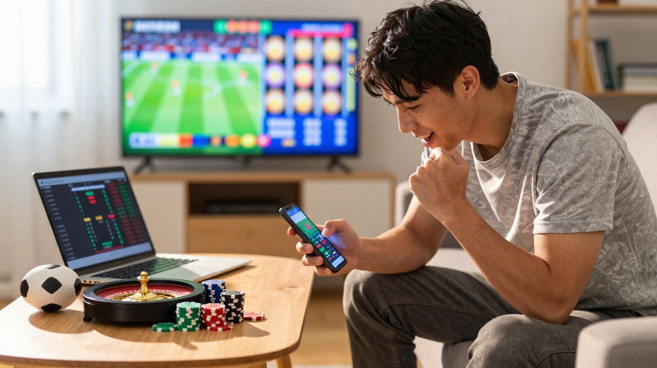 Homem sentado no sofá a usar telemóvel para apostas, com gato e roleta sobre a mesa e jogo de futebol na TV.