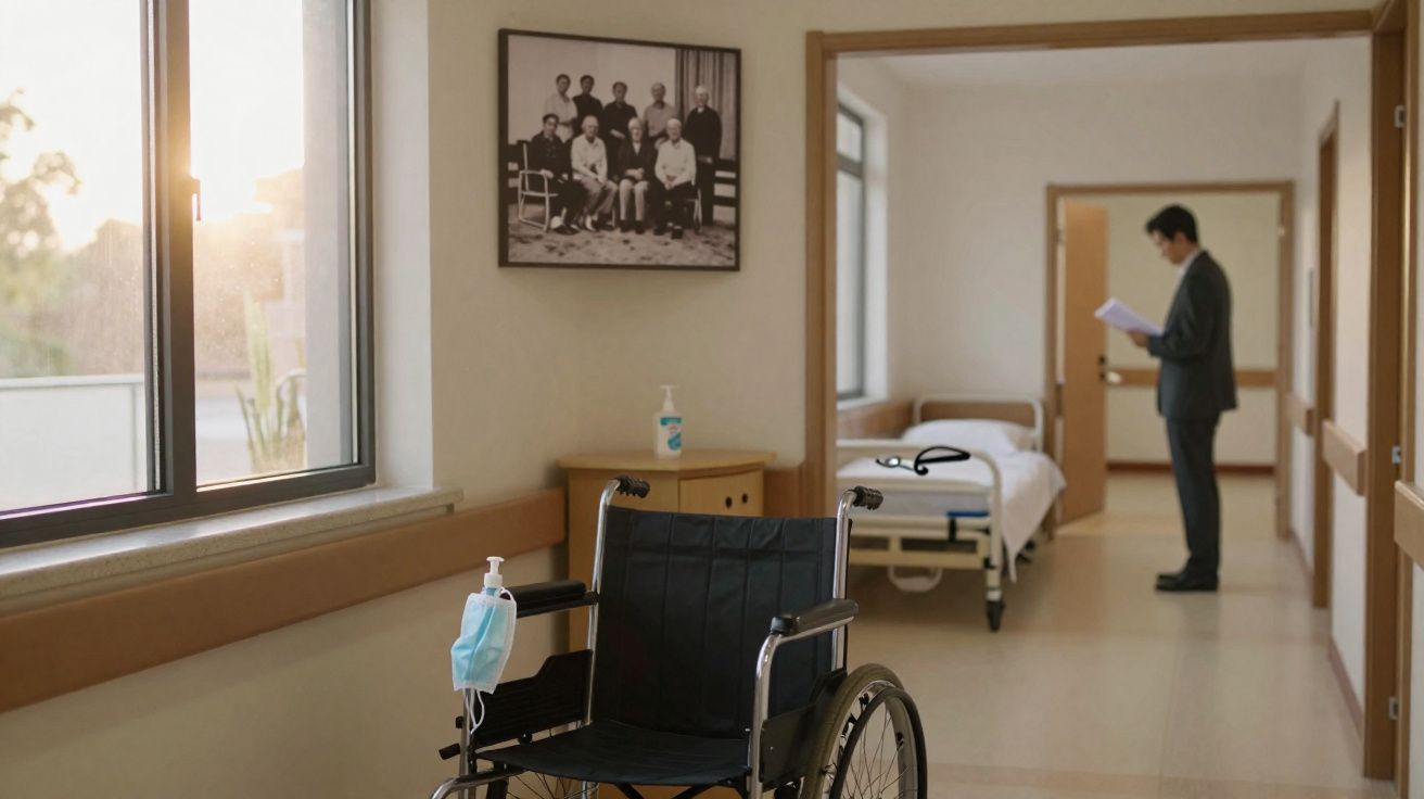 Cadeira de rodas e máscara numa sala de hospital, com pessoa em fundo a ler documentos junto a cama.