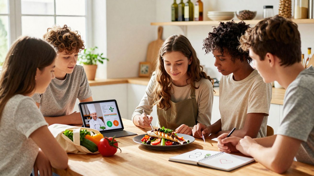 Adolescentes na cozinha a aprender culinária com um tablet, provando e a desenhar pratos saudáveis.