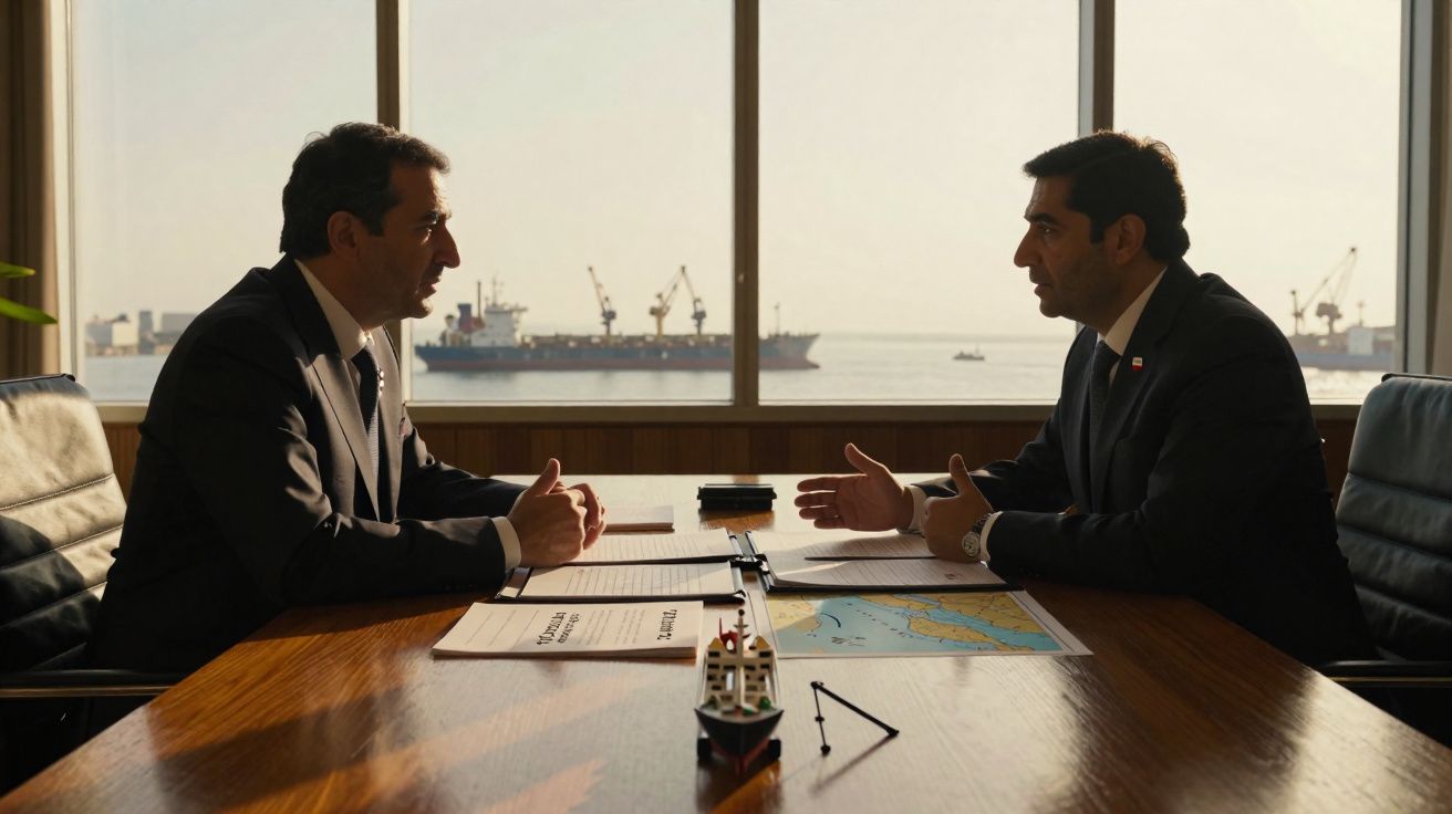 Dois homens de fato discutem sentados frente a frente numa mesa com mapa e miniatura de navio, com porto ao fundo.
