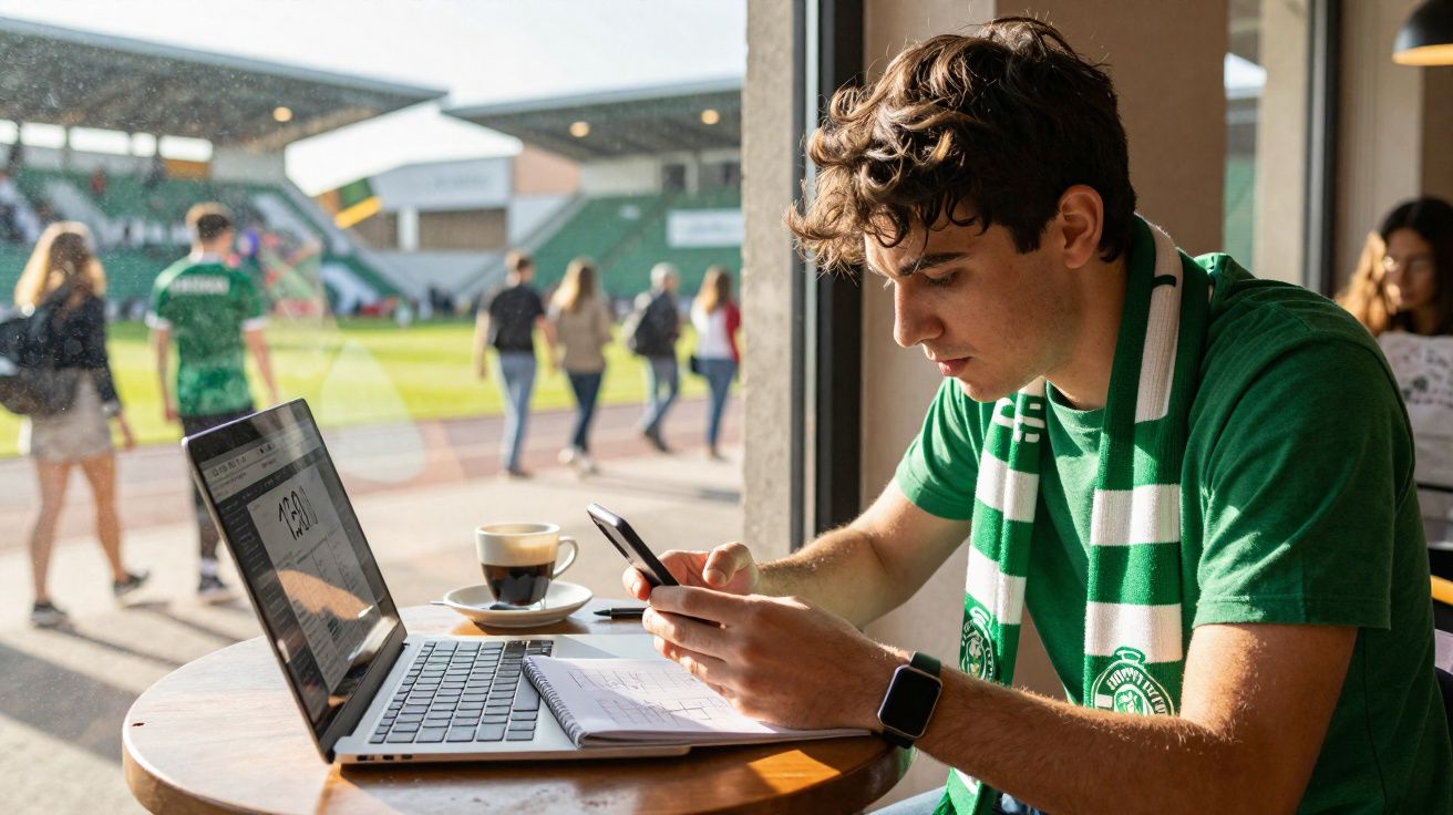 Jovem com cachecol verde sentado numa esplanada a usar telemóvel, com portátil e café à frente.