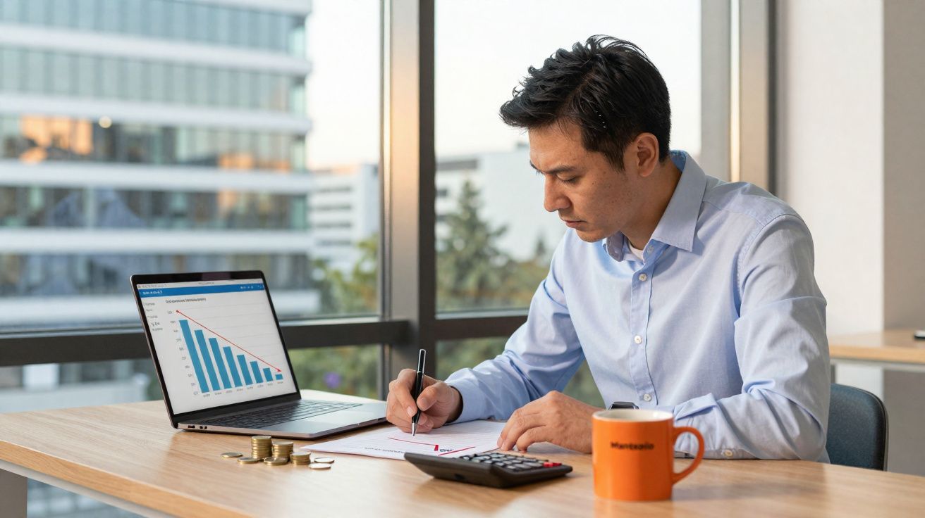 Homem a trabalhar em escritório, a analisar gráficos financeiros com calculadora e notas à sua frente.