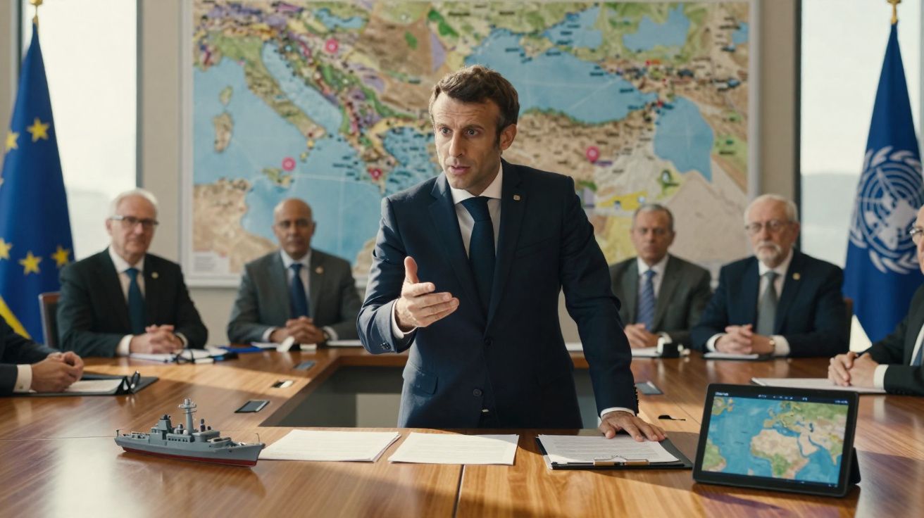 Homem em fato a falar numa reunião com homens atrás e mapas de estratégia militar ao fundo.