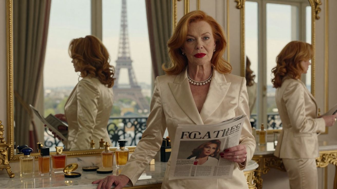 Mulher elegante de cabelos ruivos com jornal, em frente a espelho com vista para a Torre Eiffel, Paris.