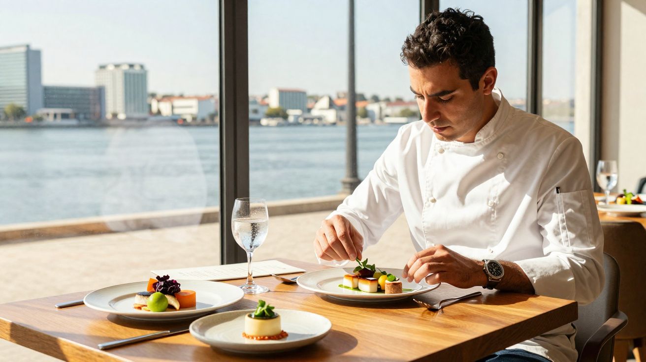 Chef a decorar pratos gourmet num restaurante com vista para o rio em dia ensolarado.