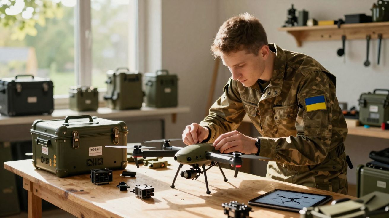Soldado ucraniano em uniforme camuflado monta um drone militar sobre uma mesa de trabalho.