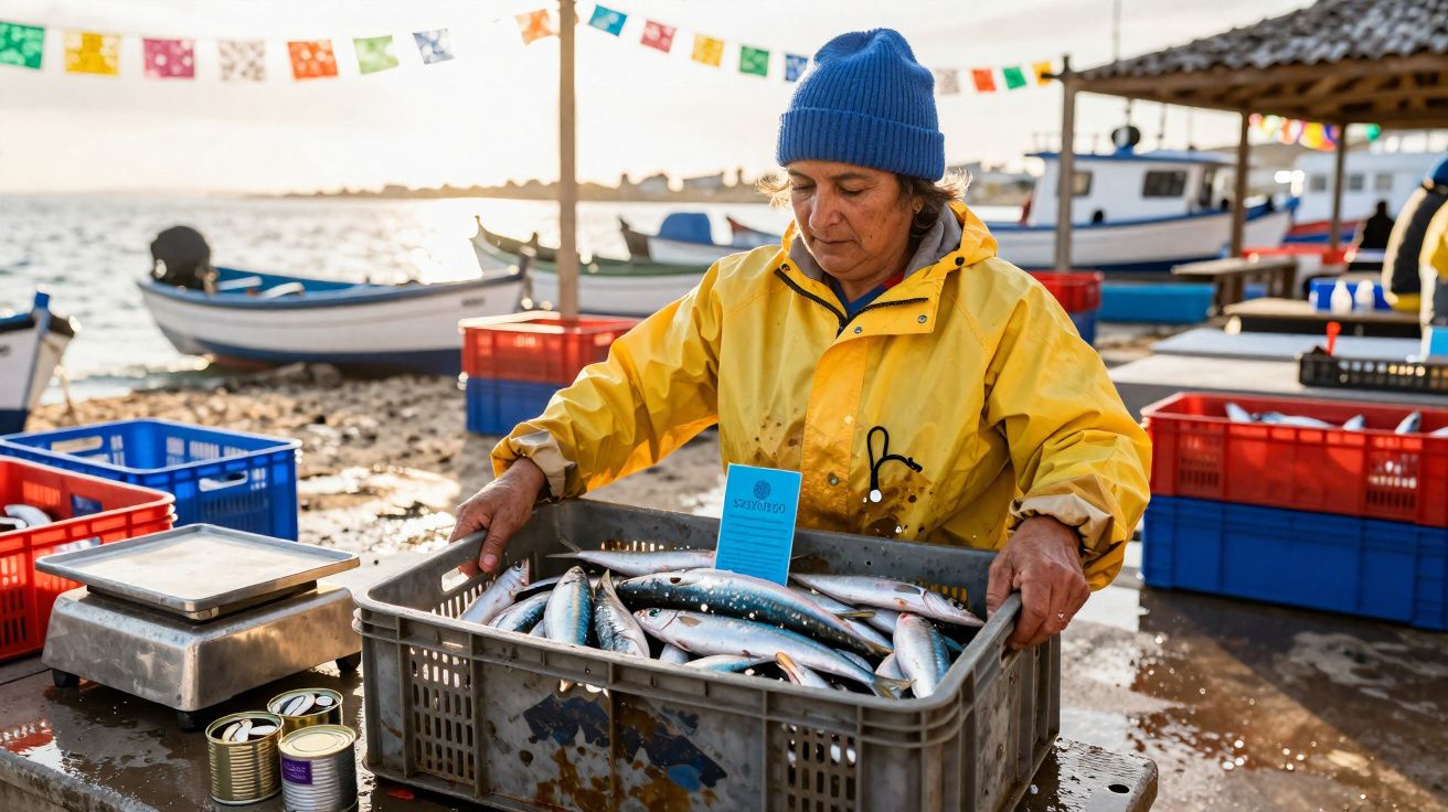 Pescadora com impermeável amarelo e gorro azul a organizar peixe numa caixa junto ao mar ao pôr do sol.