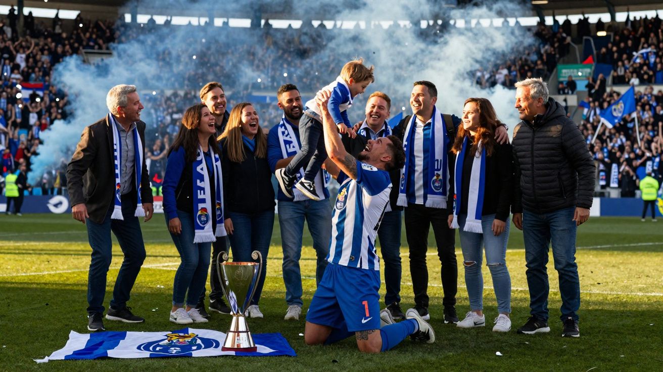 Futebolista ajoelhado levanta criança, rodeado por adeptos com cachecóis, taça e bandeira do FC Porto em estádio.