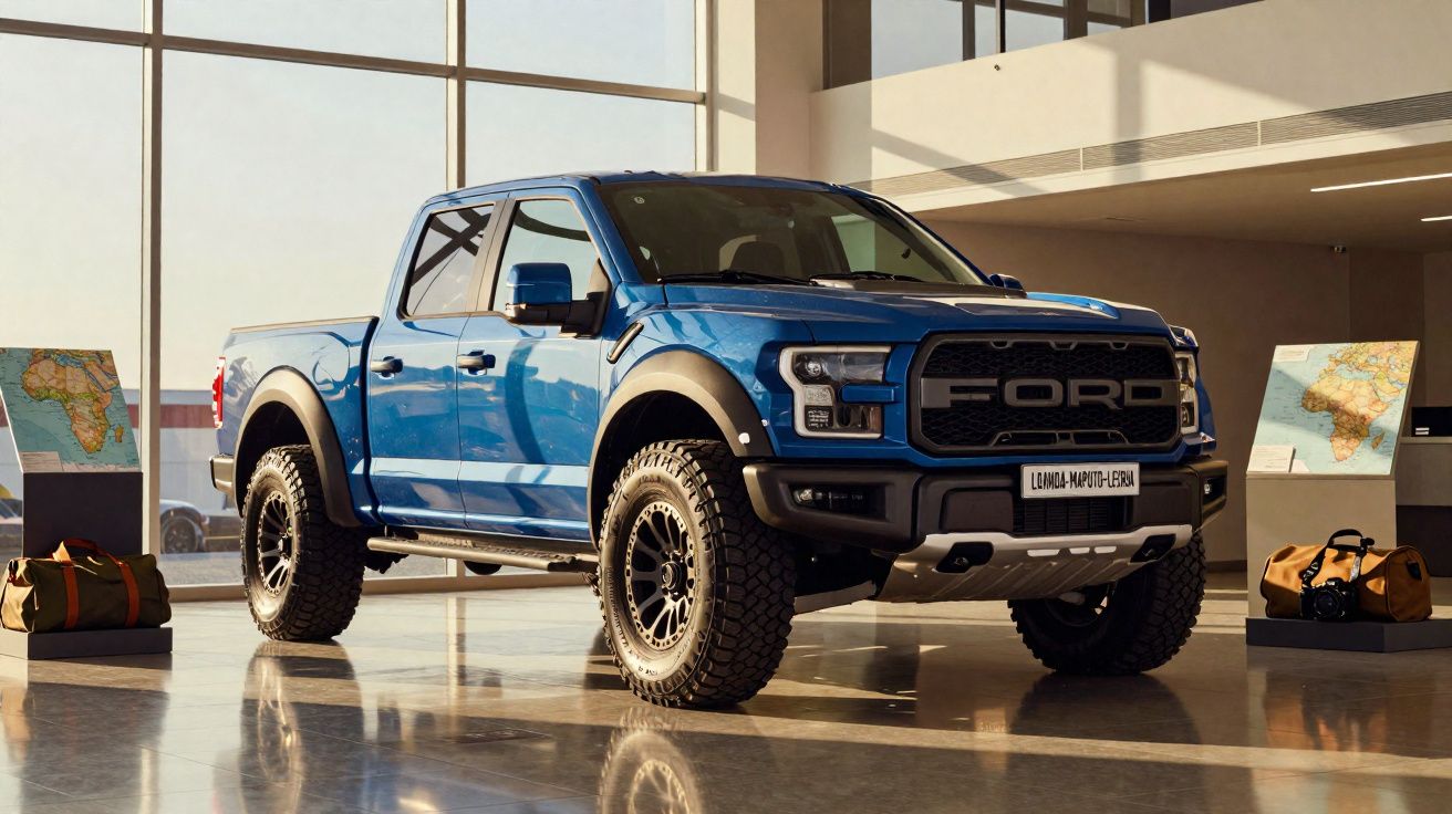 Pick-up Ford azul com quatro portas exibida em showroom moderno e bem iluminado.