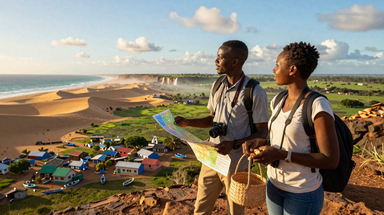 Casal jovem com mochila e mapa observa aldeia colorida junto à praia e dunas ao pôr do sol.