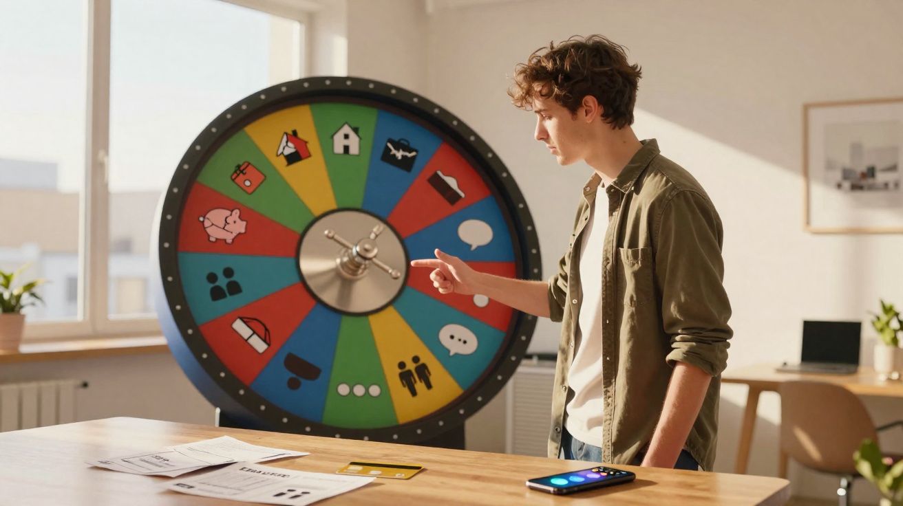 Jovem a girar roda da fortuna colorida numa sala com secretária e documentos à frente.
