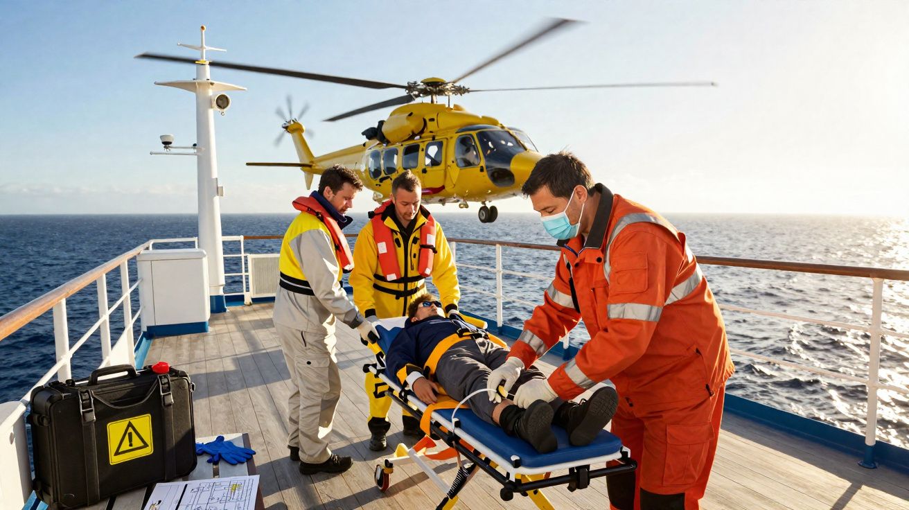 Equipa de resgate médica a transportar doente em maca no convés de navio, com helicóptero amarelo no ar.