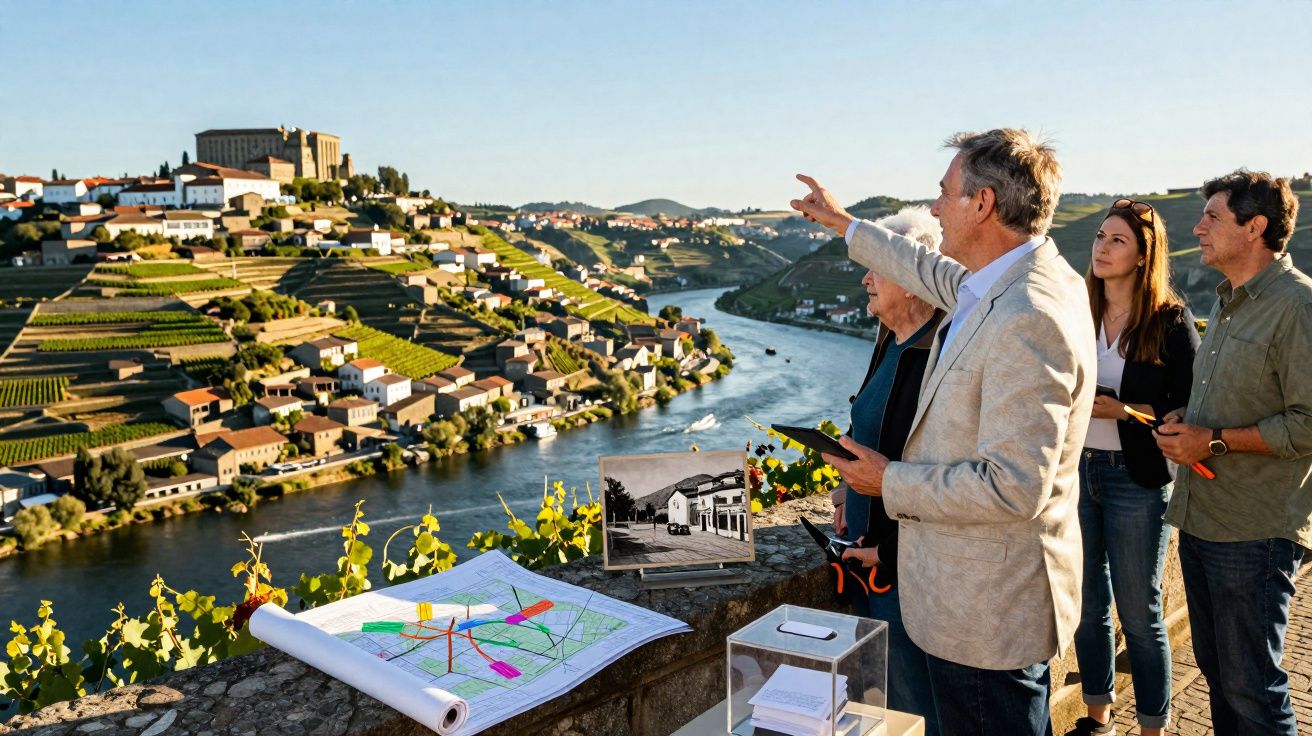 Grupo de pessoas numa colina junto ao rio Douro, observando a paisagem da vila e vinhas ao longe.