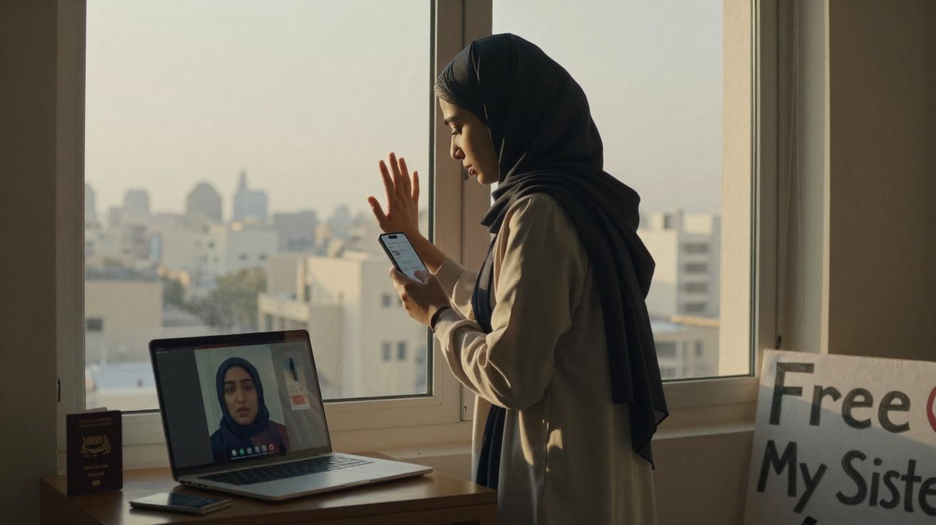 Mulher de hijab fala ao telefone junto a computador com videochamada, com cartaz de protesto na mesa.
