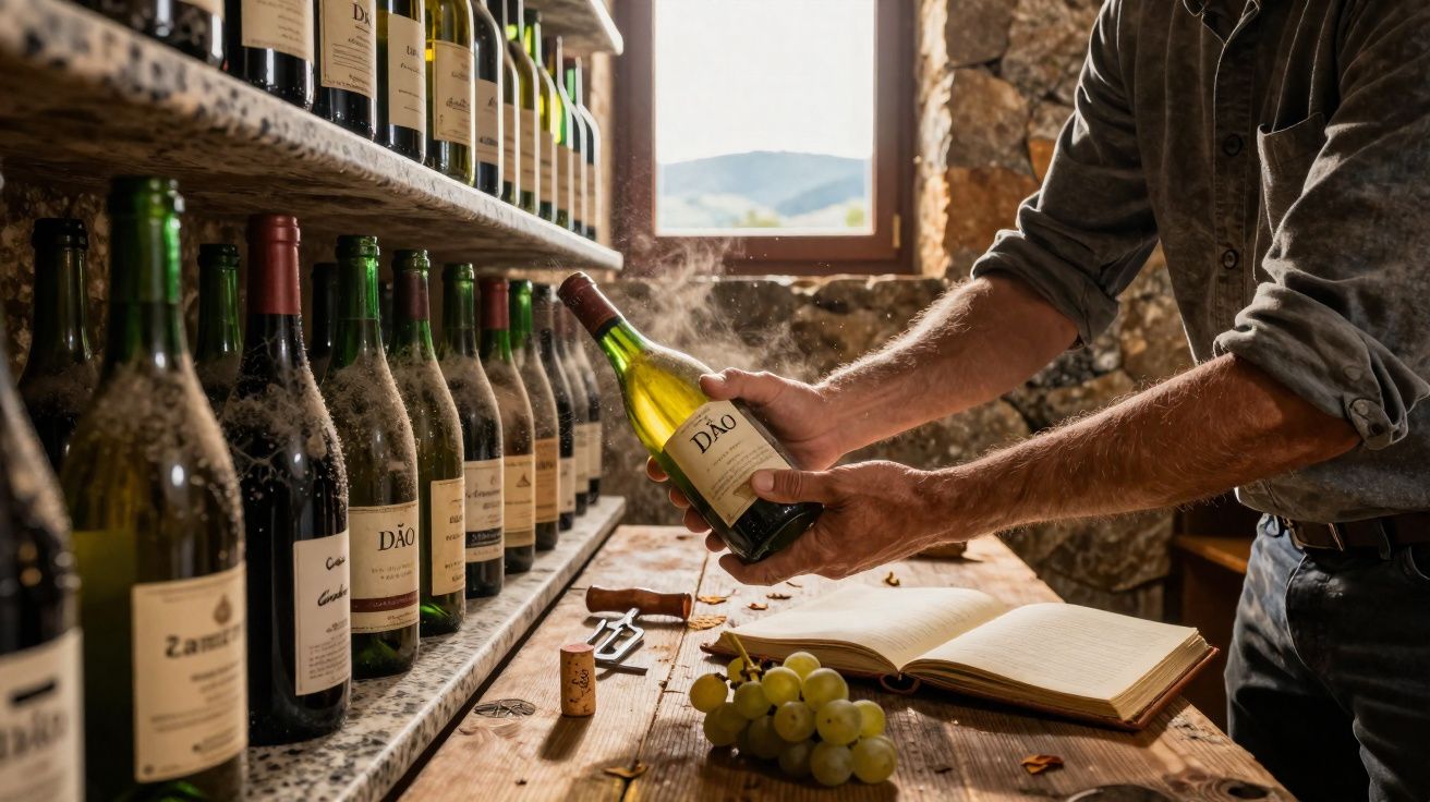 Pessoa a segurar uma garrafa de vinho Dão numa adega com várias garrafas, uvas e caderno sobre mesa de madeira.