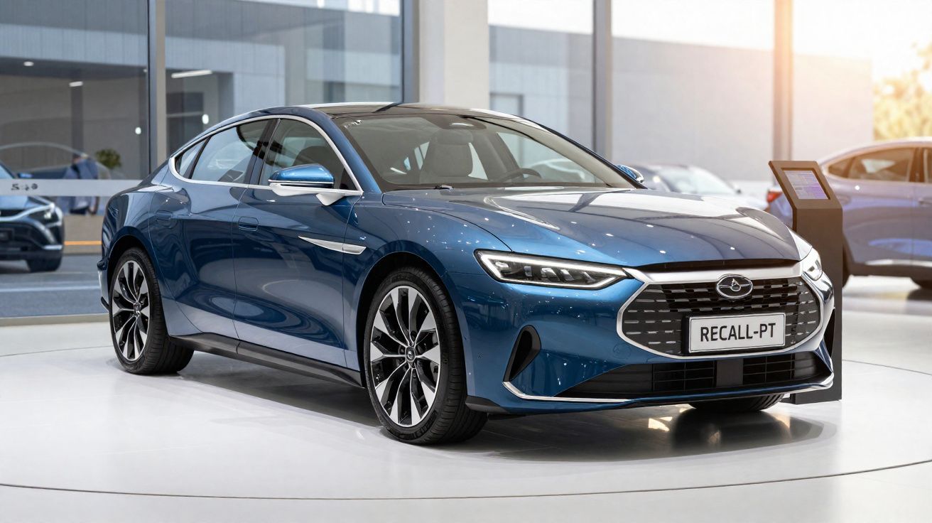Automóvel elétrico azul expositor em salão moderno com luz natural e matriz estilizada na grelha frontal.