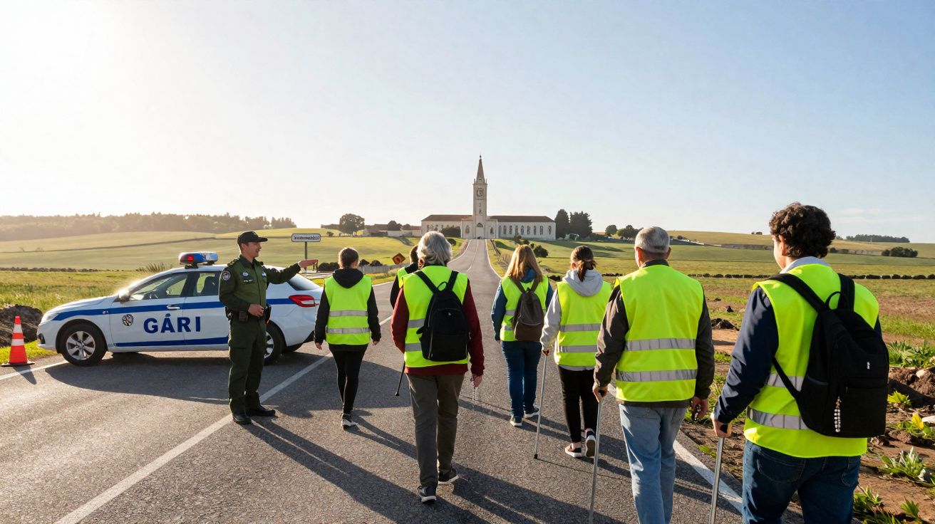 Grupo de pessoas com coletes refletivos caminham na estrada, polícia indica direções, igreja ao fundo em área rural.