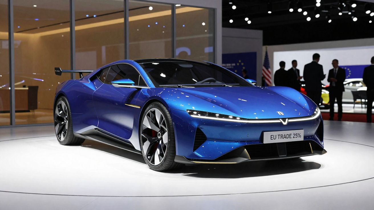 Carro desportivo elétrico azul exibido em stand de salão automóvel, com design moderno e linhas aerodinâmicas.