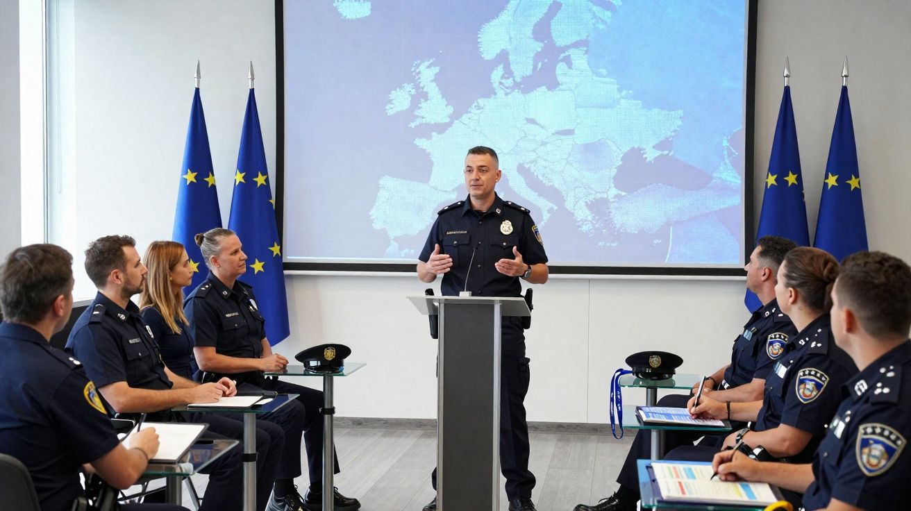 Polícia em uniforme a dar apresentação para colegas numa sala com bandeiras da União Europeia e mapa da Europa.