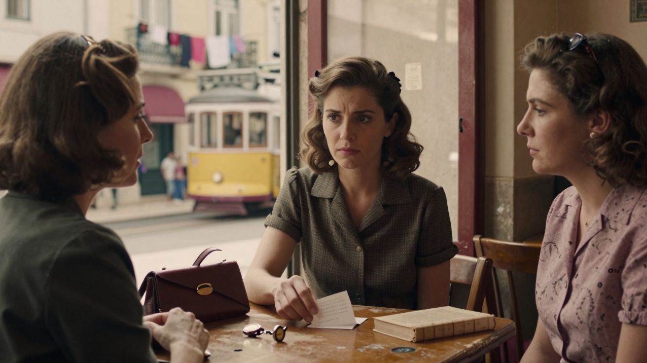 Três mulheres sentadas à mesa de um café com um elétrico amarelo ao fundo numa rua de Lisboa.