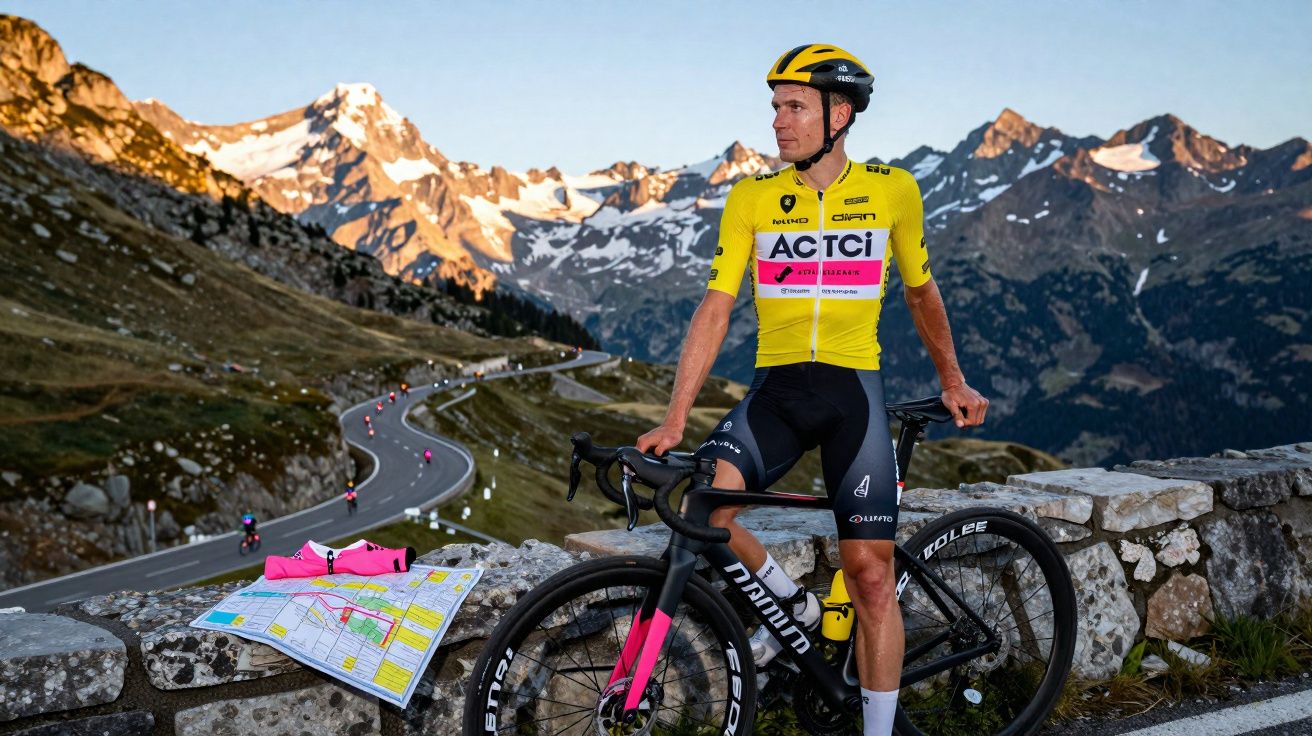 Ciclista com roupa amarela e capacete, com bicicleta, vista para montanhas e estrada serpenteante ao pôr do sol.