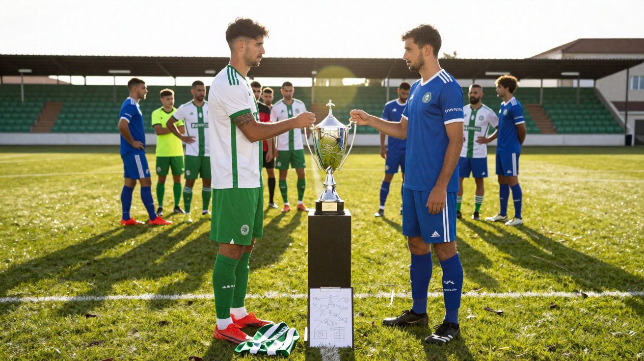 Dois jogadores de futebol, um com equipamento verde e branco e outro azul, cumprimentam-se com taça no meio do campo.