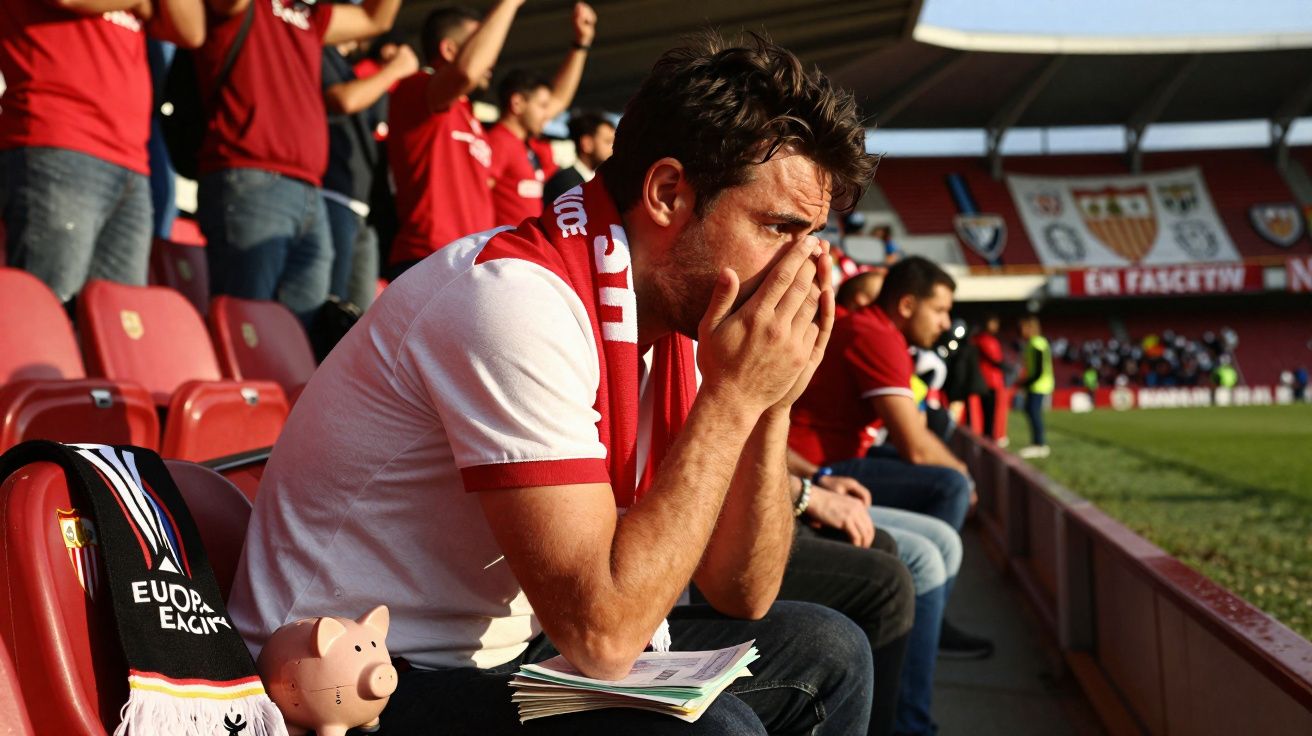 Adepto de futebol sentado no estádio, com expressão preocupada e mãos no rosto, usando camisola branca e cachecol vermelho.