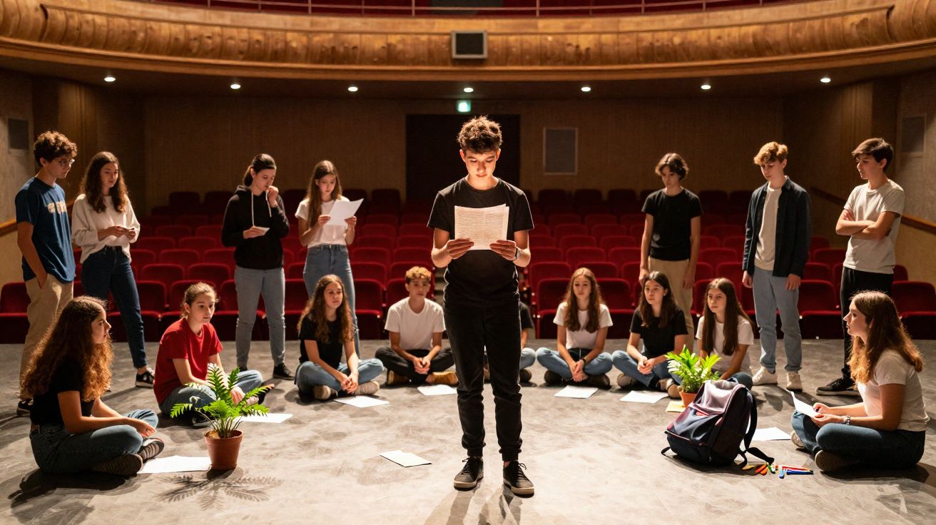 Grupo de jovens numa peça de teatro, com um a recitar no centro do palco e outros sentados e em pé em círculo.