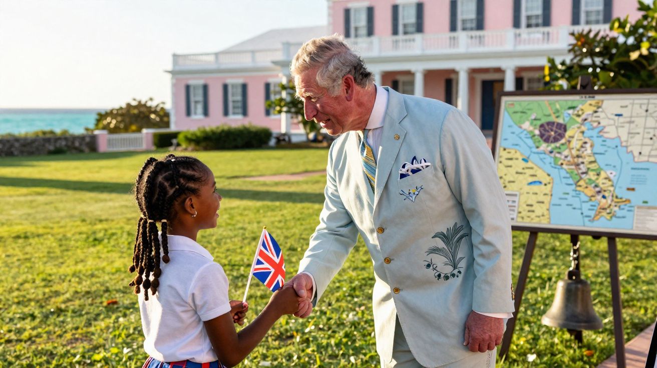 Homem idoso de fato claro aperta a mão de menina com bandeira britânica em jardim com mapa e sino ao fundo.