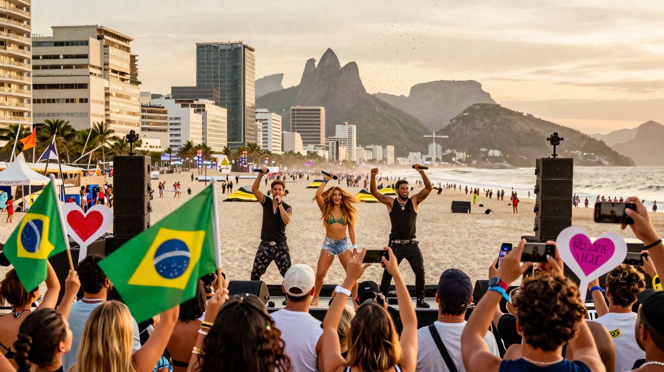 Concerto ao ar livre na praia de Ipanema, Rio de Janeiro, com público a vibrar e bandeiras do Brasil.