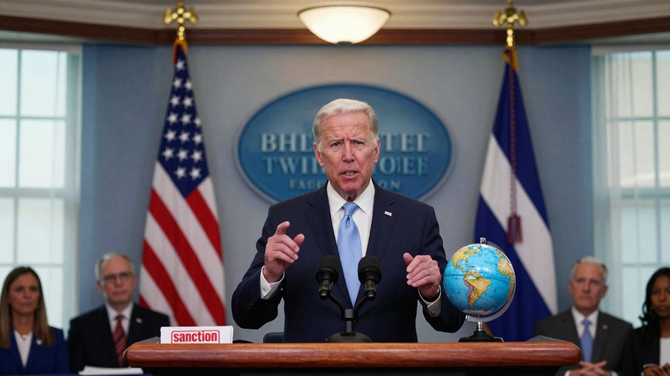 Presidente Joe Biden a discursar num púlpito com bandeiras e um globo terrestre ao fundo.