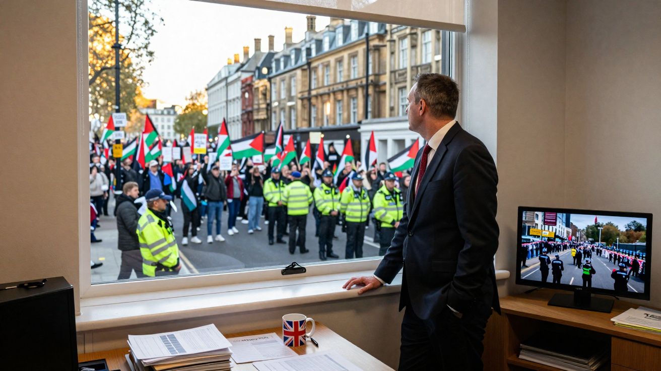 Homem de fato observa protesto com bandeiras palestinianas e polícia do interior de um escritório com vista para a rua.