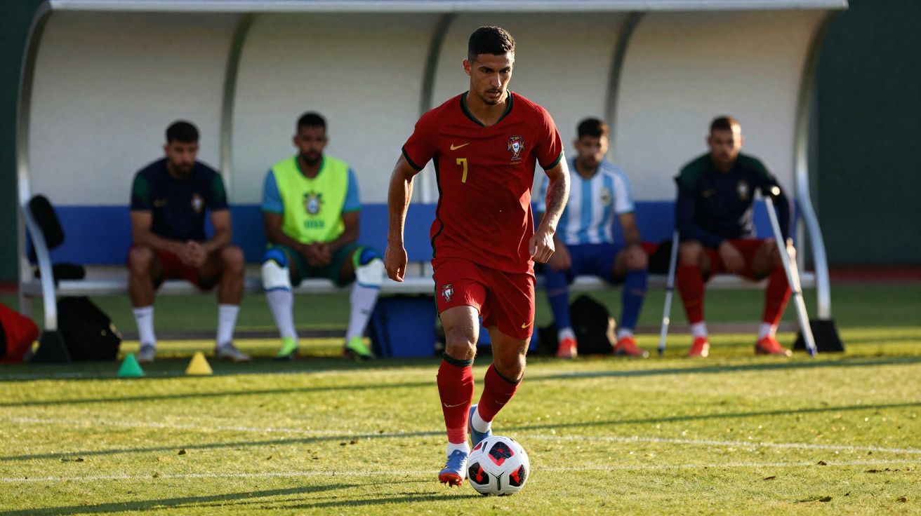 Jogador de futebol português em campo a controlar a bola, com jogadores sentados no banco ao fundo.