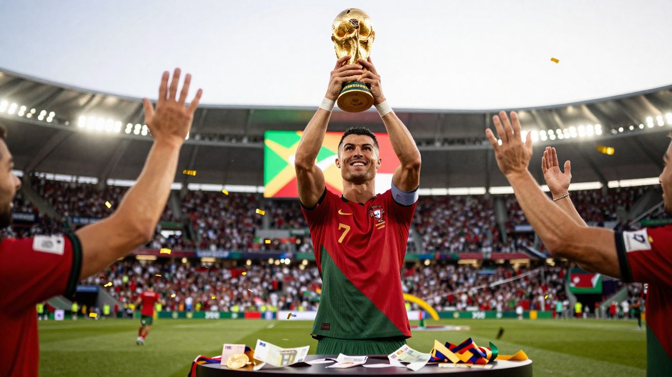 Jogador de futebol português levanta troféu da taça mundial em estádio cheio.