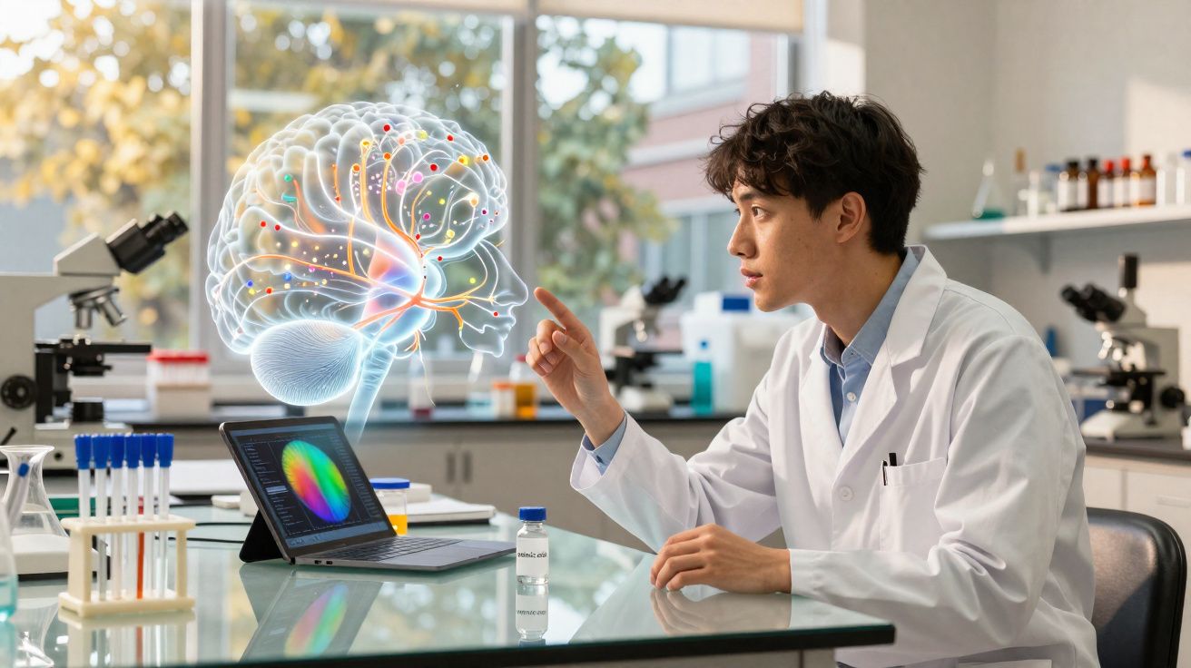 Cientista em laboratório interage com imagem digital do cérebro humano em holograma ao lado de computador.
