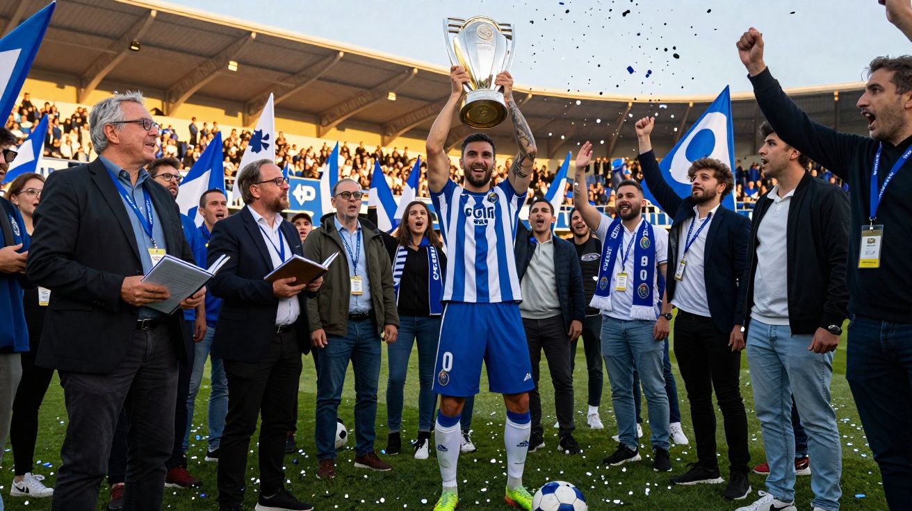 Jogador de futebol do FC Porto levanta troféu rodeado por equipa e adeptos em estádio cheio.