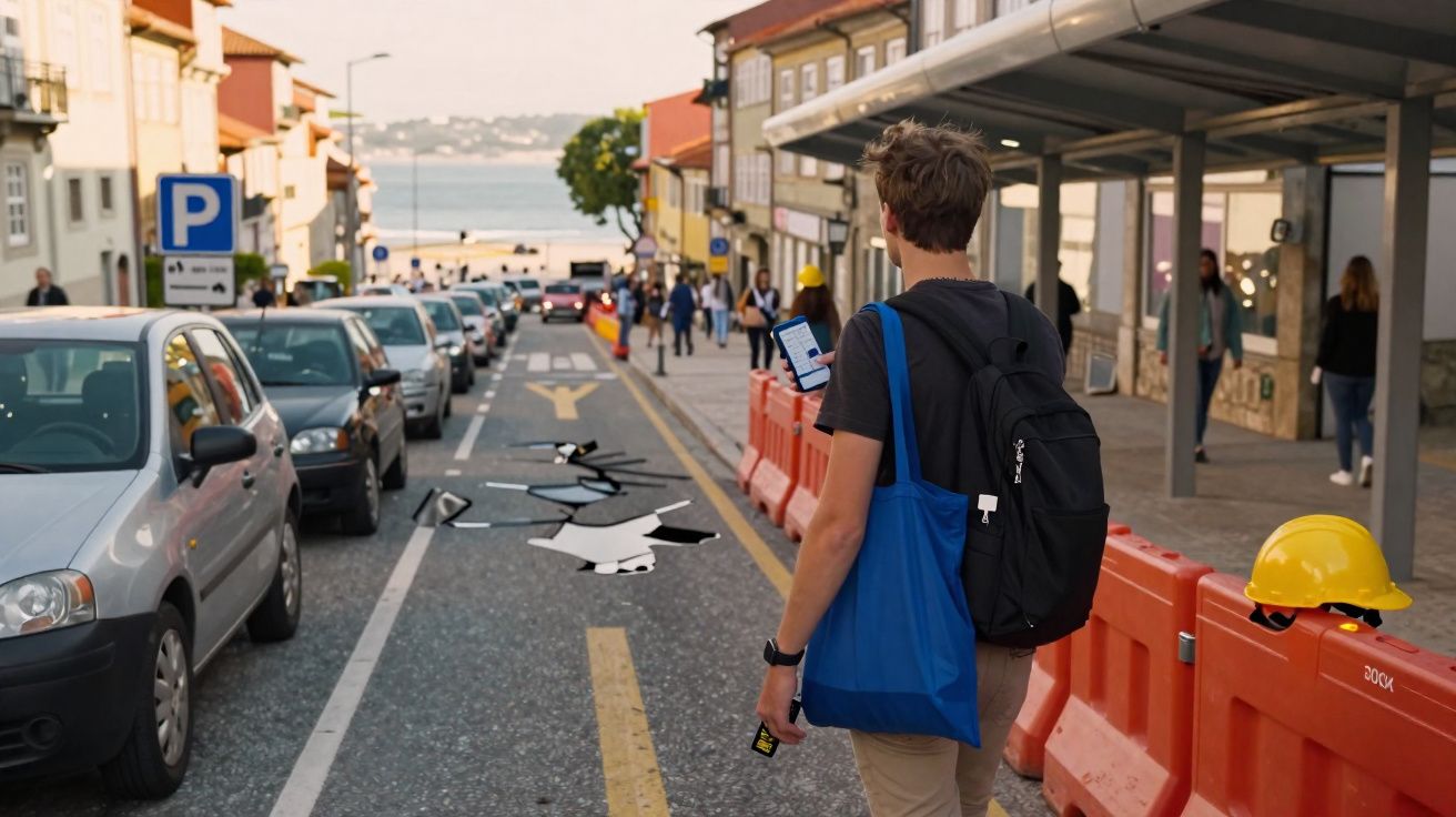 Jovem com mochila e saco azul consulta telemóvel numa rua com obras, carros estacionados e capacetes amarelos.