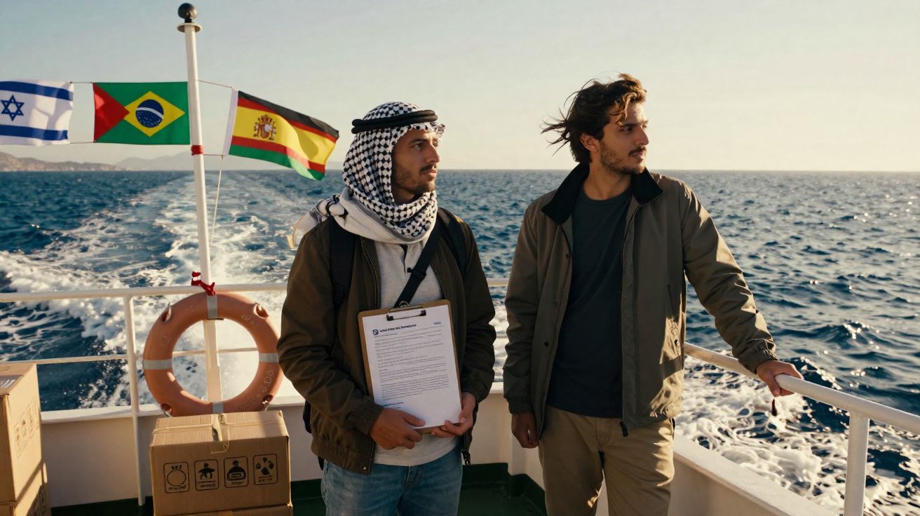 Dois homens em barco, com quatro bandeiras ao fundo e o mar agitado ao pôr do sol.