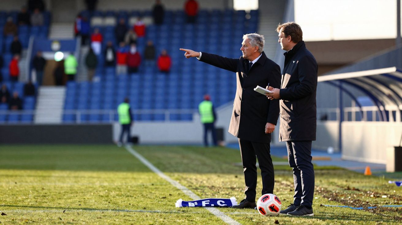 Dois treinadores no relvado de futebol, um aponta para o campo durante o jogo.