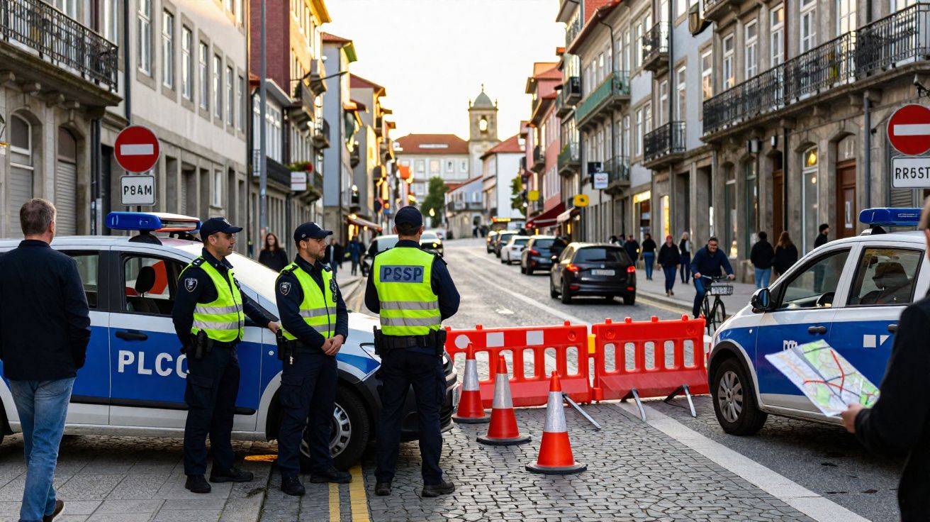 Polícias em coletes refletores bloqueiam rua com cones e barreiras vermelhas numa cidade histórica.