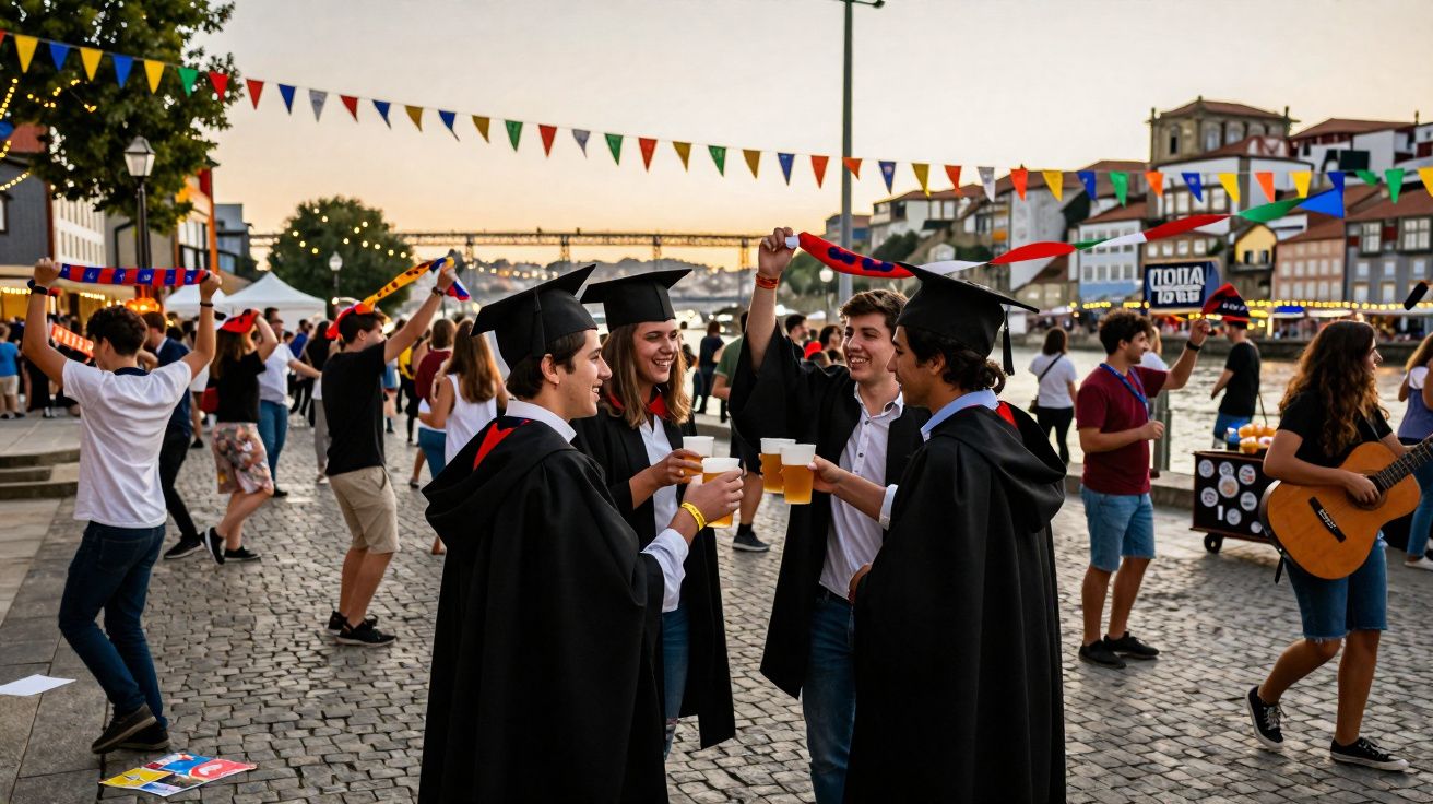 Jovens de toga e capelo brindam numa festa ao ar livre à beira do rio com bandeiras coloridas.