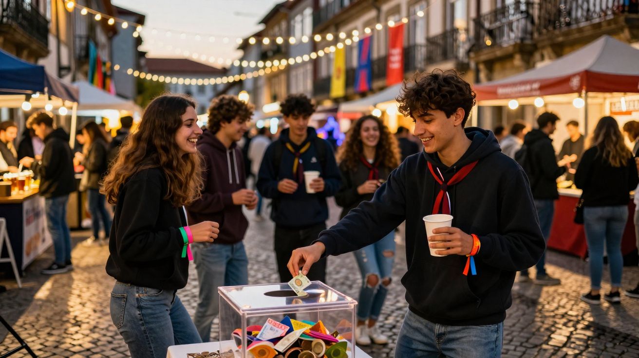 Jovens numa feira à noite, com luzes, a doar dinheiro numa caixa transparente.