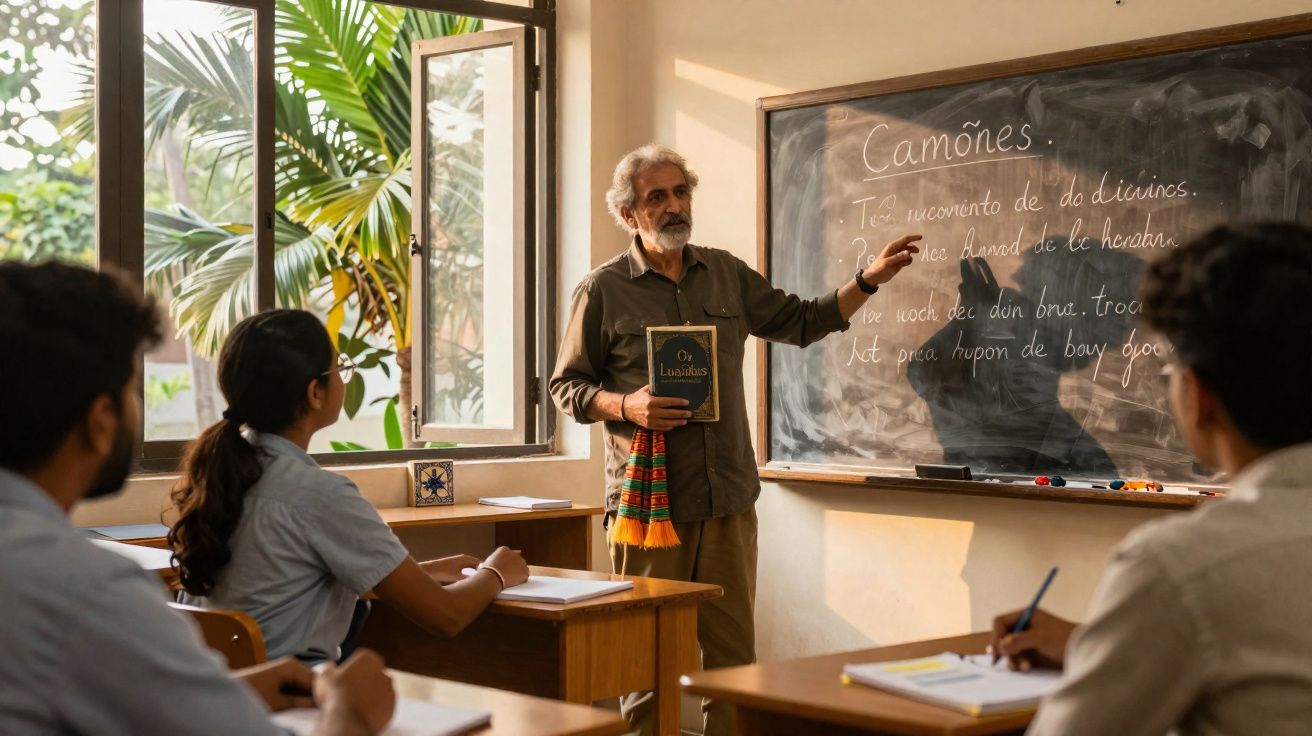 Professor com livro ensina alunos em sala de aula iluminada por janela aberta com vista para plantas verdes.