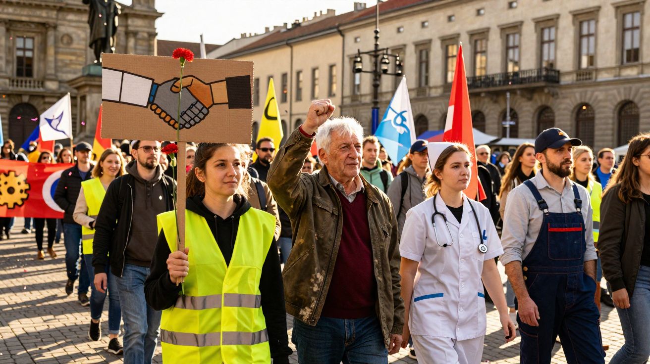 Manifestação com pessoas de várias profissões, incluindo médica e operário, marchando com cartazes e bandeiras.