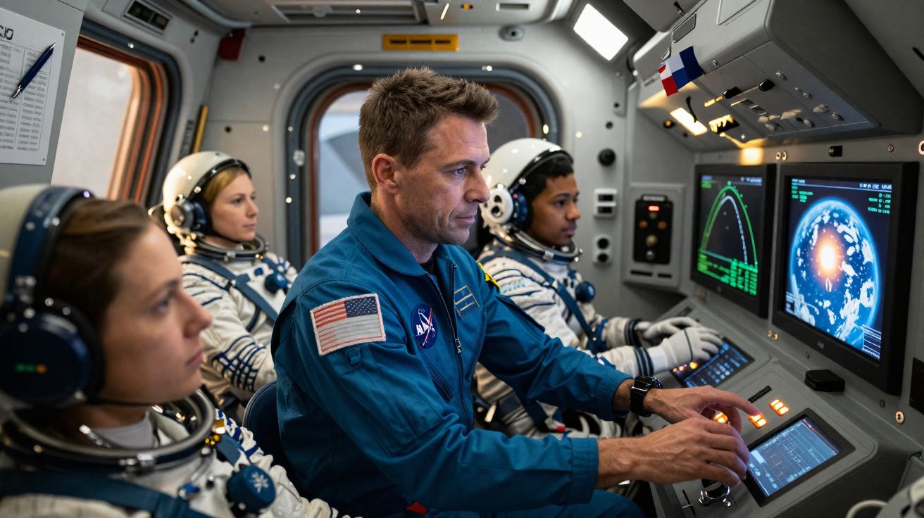 Astronautas dentro de nave espacial usando fatos espaciais e controlando equipamento tecnológico avançado.