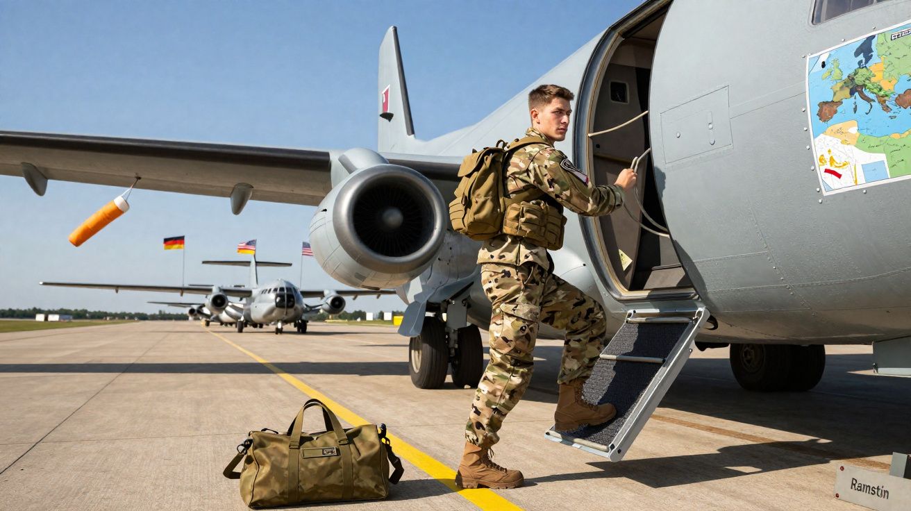 Soldado em uniforme camuflado a entrar numa aeronave militar estacionada numa pista.
